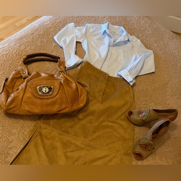 Staud Caramel Tan Poly Suede Retro Midi Maxi Pencil Column Skirt, Size 2 EUC - Picture 4 of 15